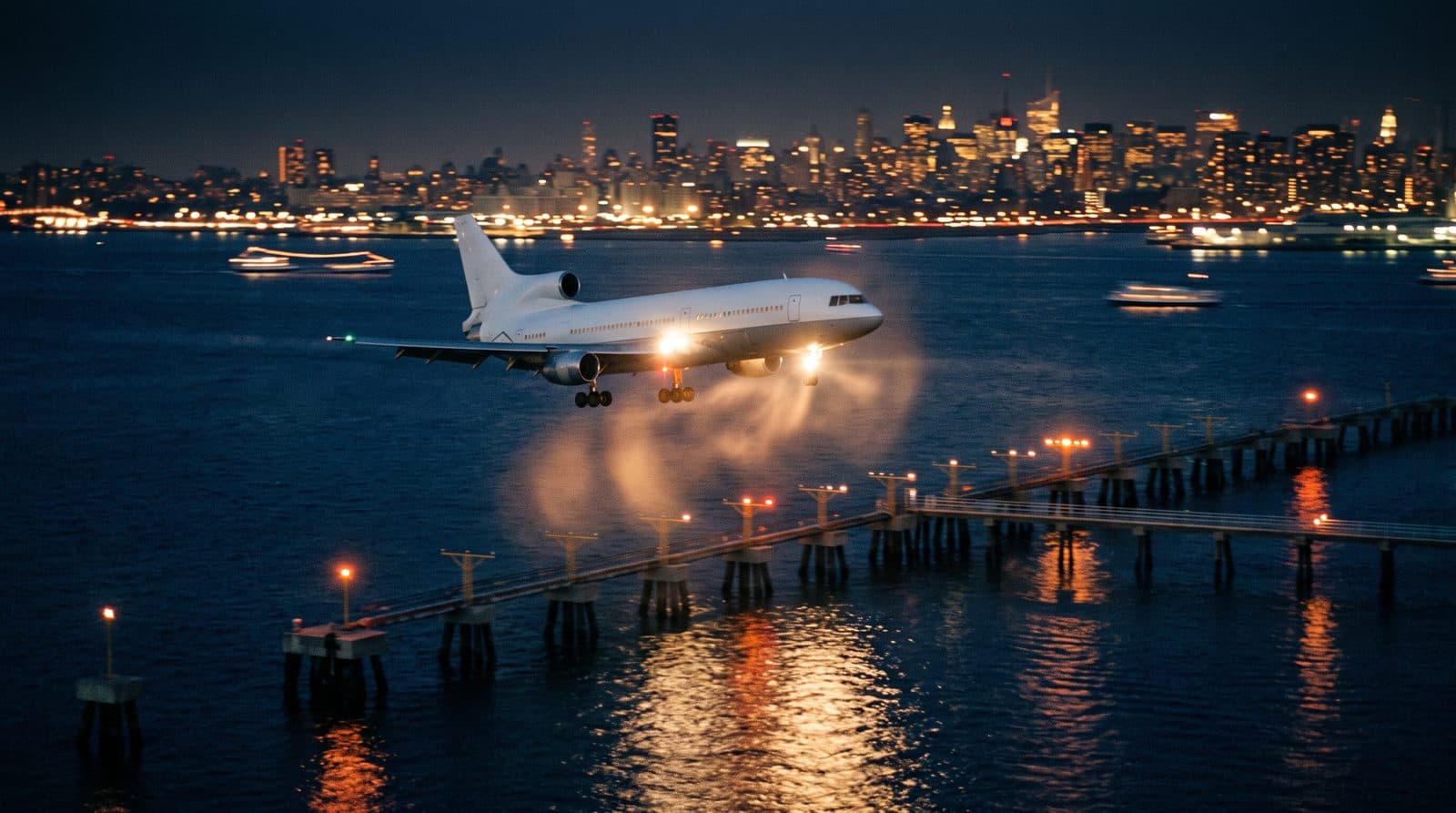 Airliners on approach over the bay at night