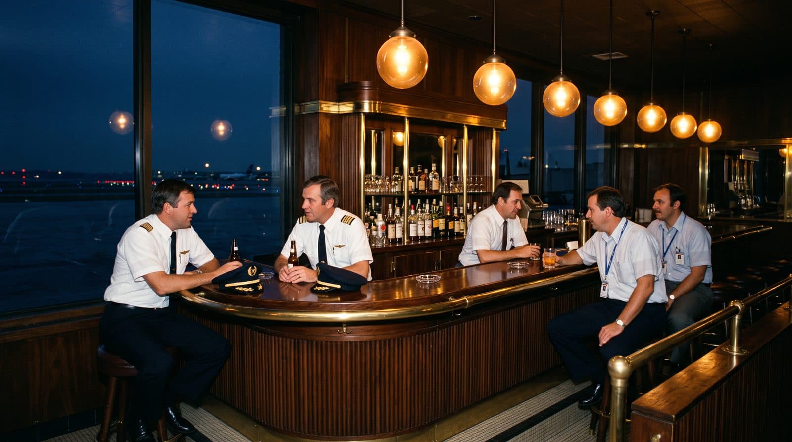 An art-deco airport terminal bar at night