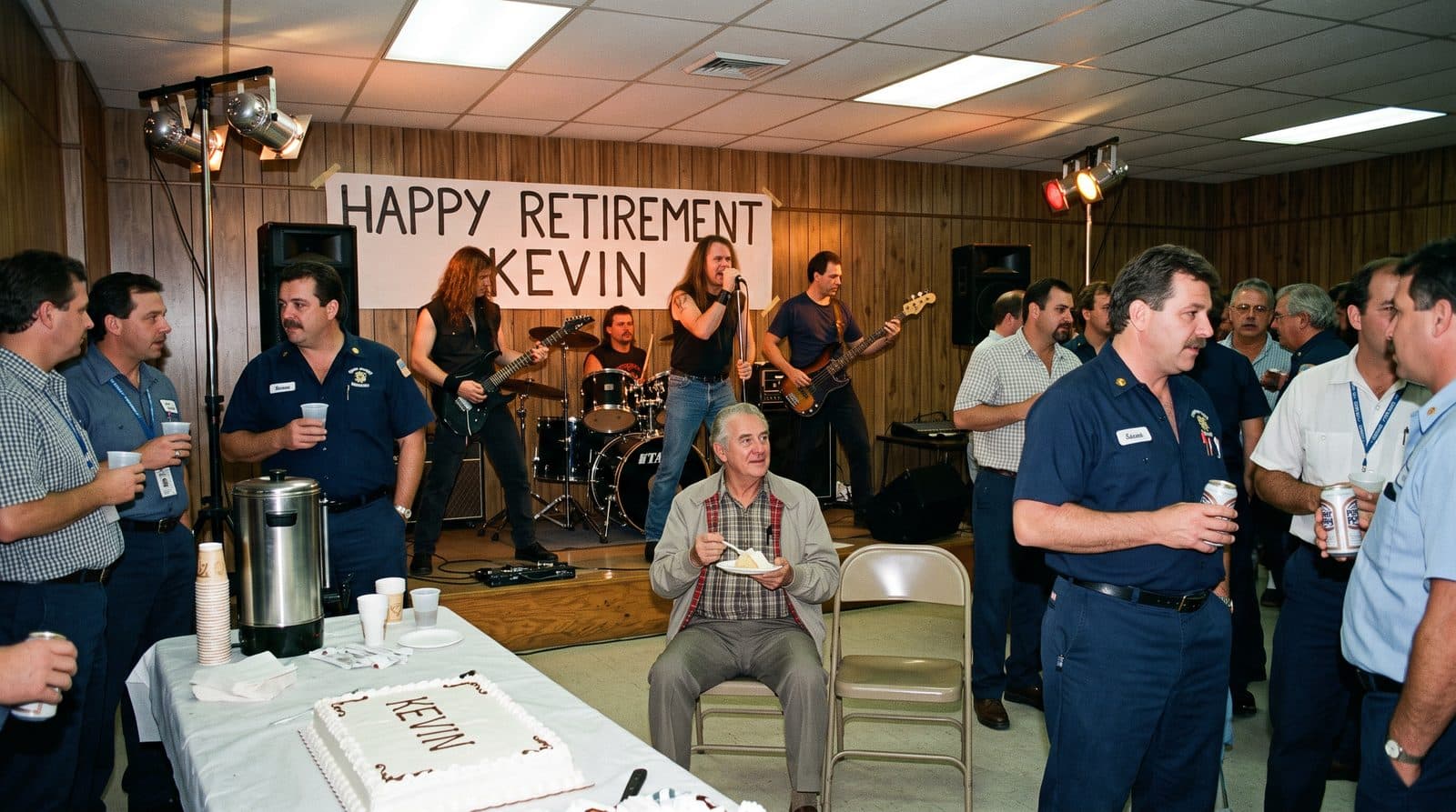 A union hall retirement party with a band on a small stage